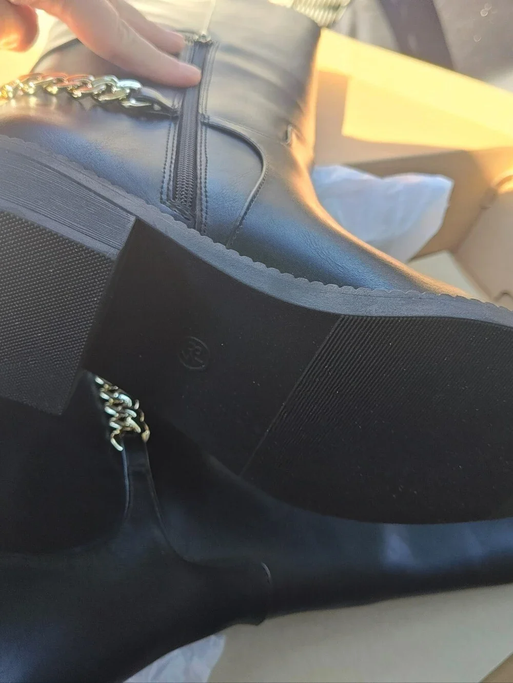 8.5 Black Knee-High Boots With Gold Chain Accent
